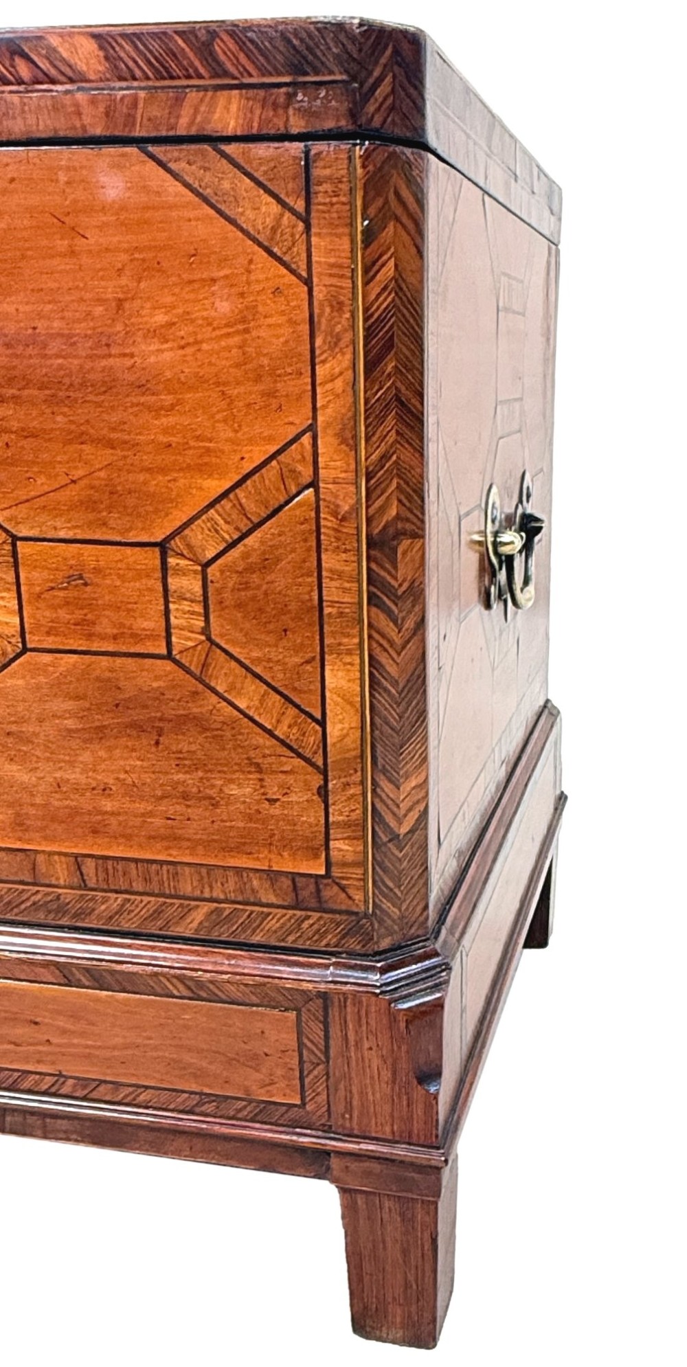 An 18th-century George II satinwood and kingwood parquetry box cellarette with brass carrying handles on square legs. View X