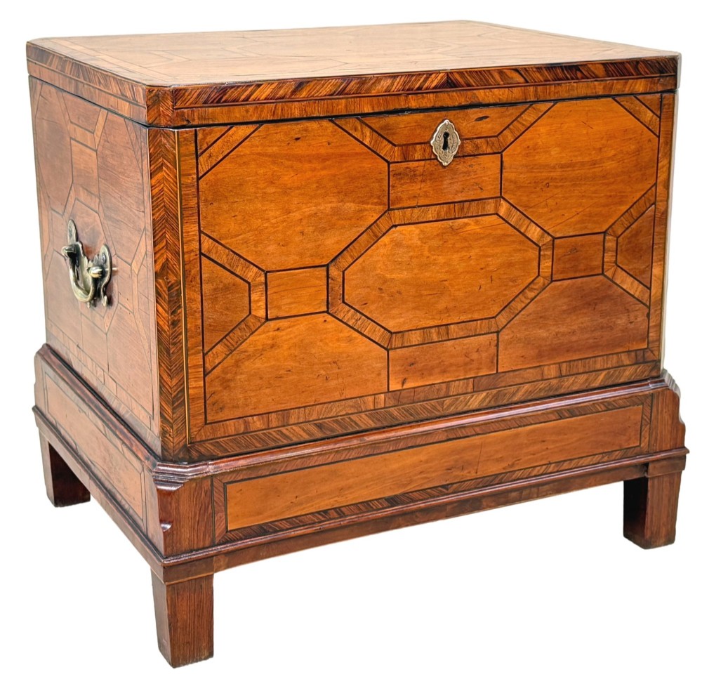 An 18th-century George II satinwood and kingwood parquetry box cellarette with brass carrying handles on square legs. View XII
