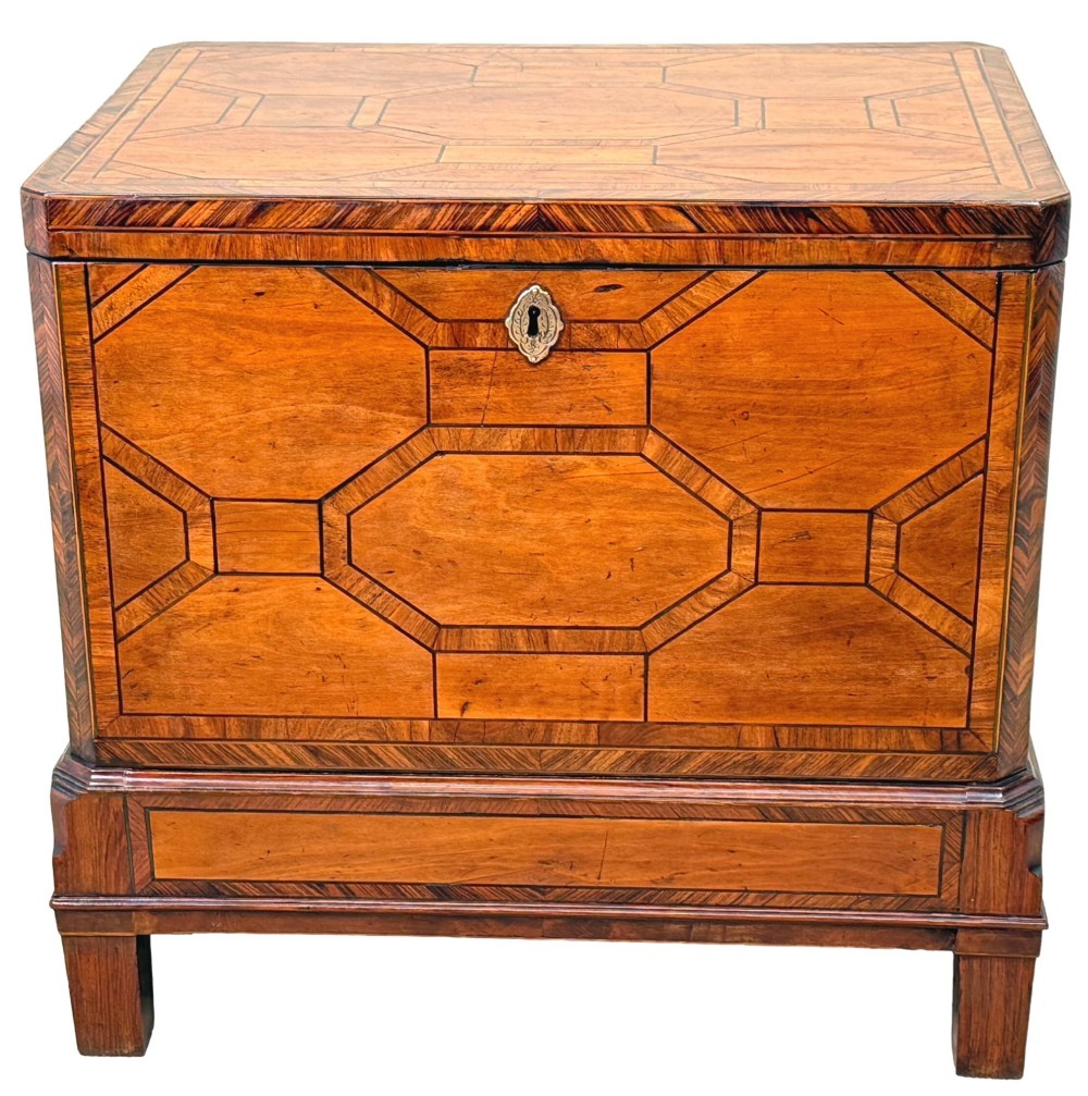 An 18th-century George II satinwood and kingwood parquetry box cellarette with brass carrying handles on square legs. View XIV