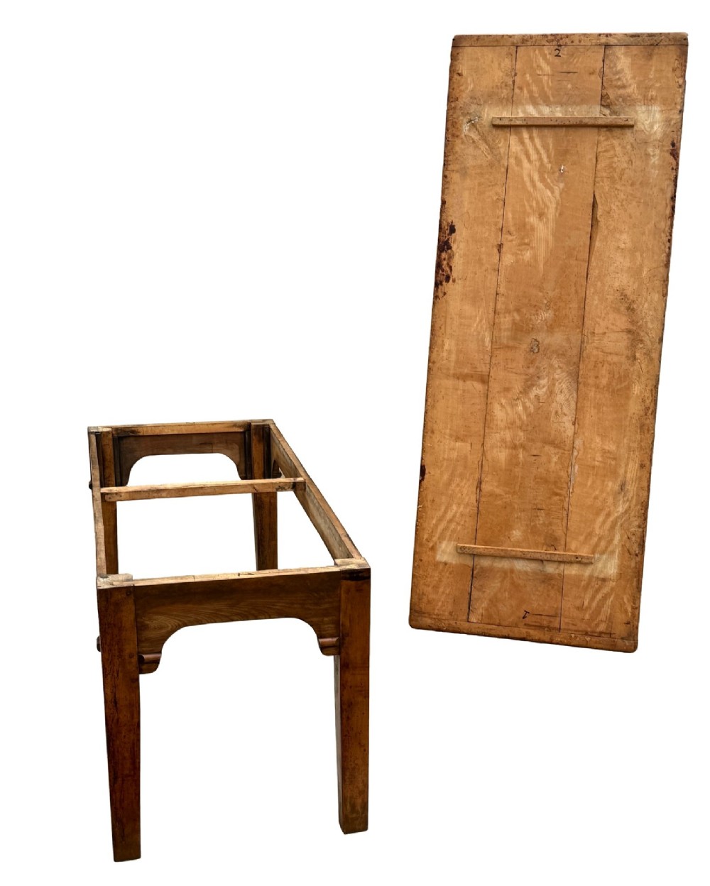An early 19th-century French Provincial sycamore farmhouse dining table featuring a light wood plank top and tapered square legs. View X