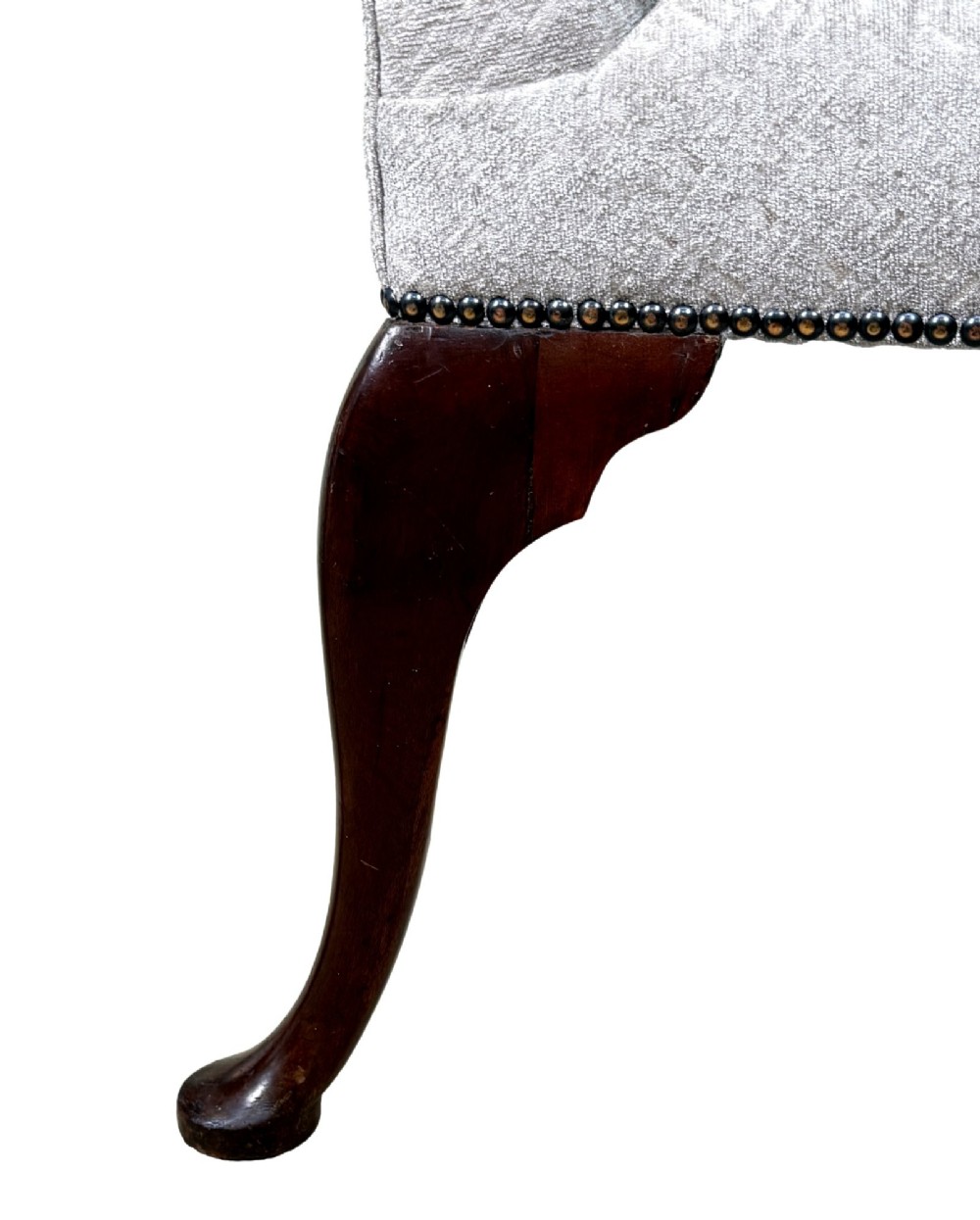 A pair of Georgian walnut side chairs featuring cream textured upholstery and carved cabriole legs ending in pad feet. View IX