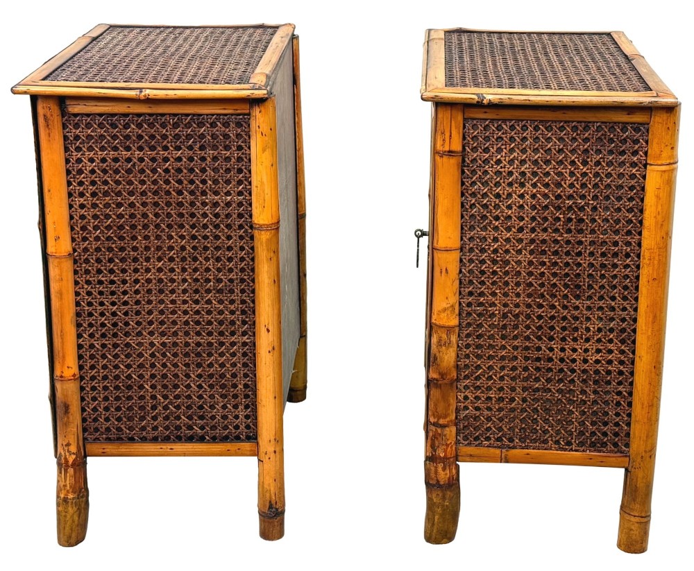 A pair of late nineteenth-century miniature bamboo tabletop cupboards featuring woven cane panels and central circular bamboo slat detail on the twin doors. View II