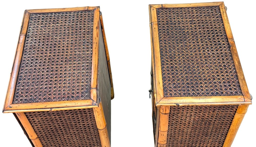 A pair of late nineteenth-century miniature bamboo tabletop cupboards featuring woven cane panels and central circular bamboo slat detail on the twin doors. View IV