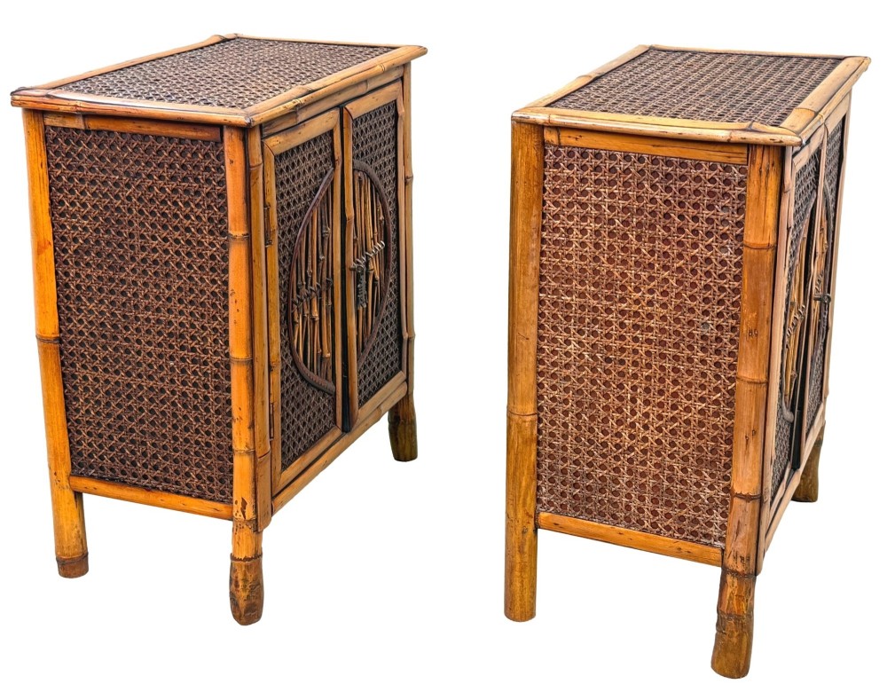 A pair of late nineteenth-century miniature bamboo tabletop cupboards featuring woven cane panels and central circular bamboo slat detail on the twin doors. View V