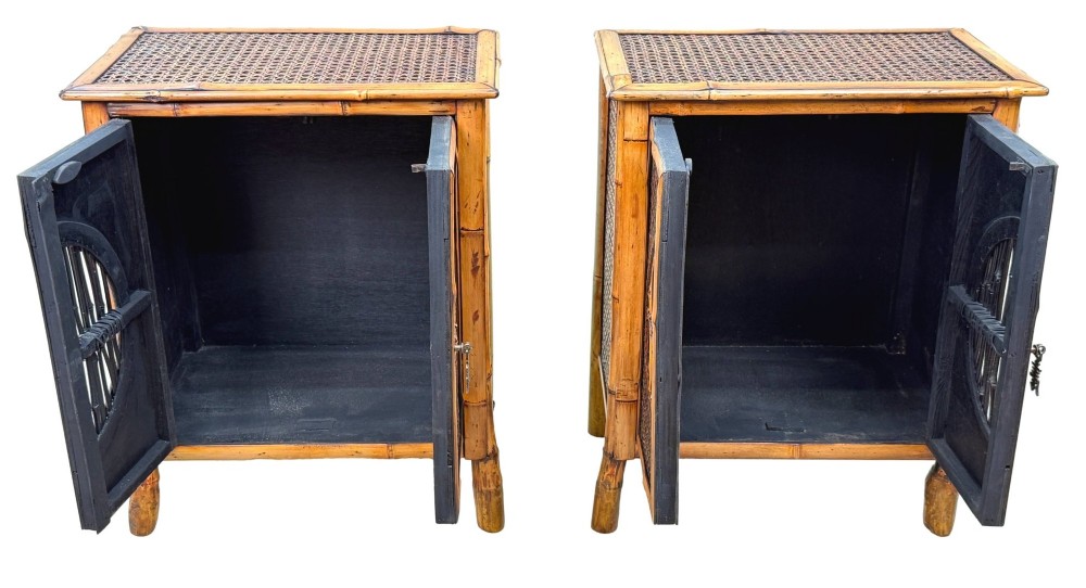 A pair of late nineteenth-century miniature bamboo tabletop cupboards featuring woven cane panels and central circular bamboo slat detail on the twin doors. View VI