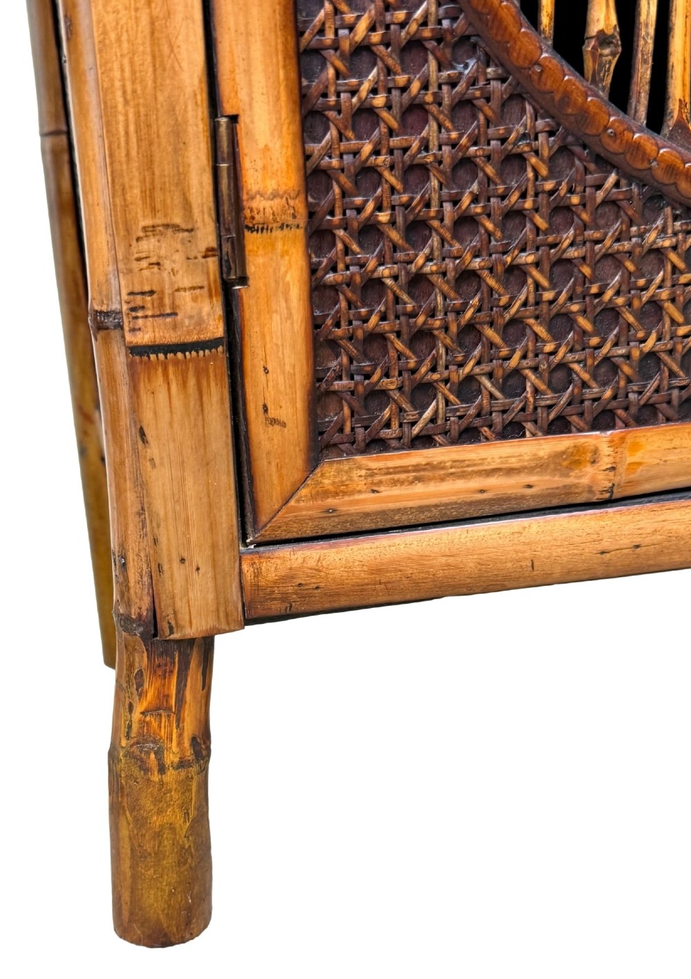 A pair of late nineteenth-century miniature bamboo tabletop cupboards featuring woven cane panels and central circular bamboo slat detail on the twin doors. View VIII