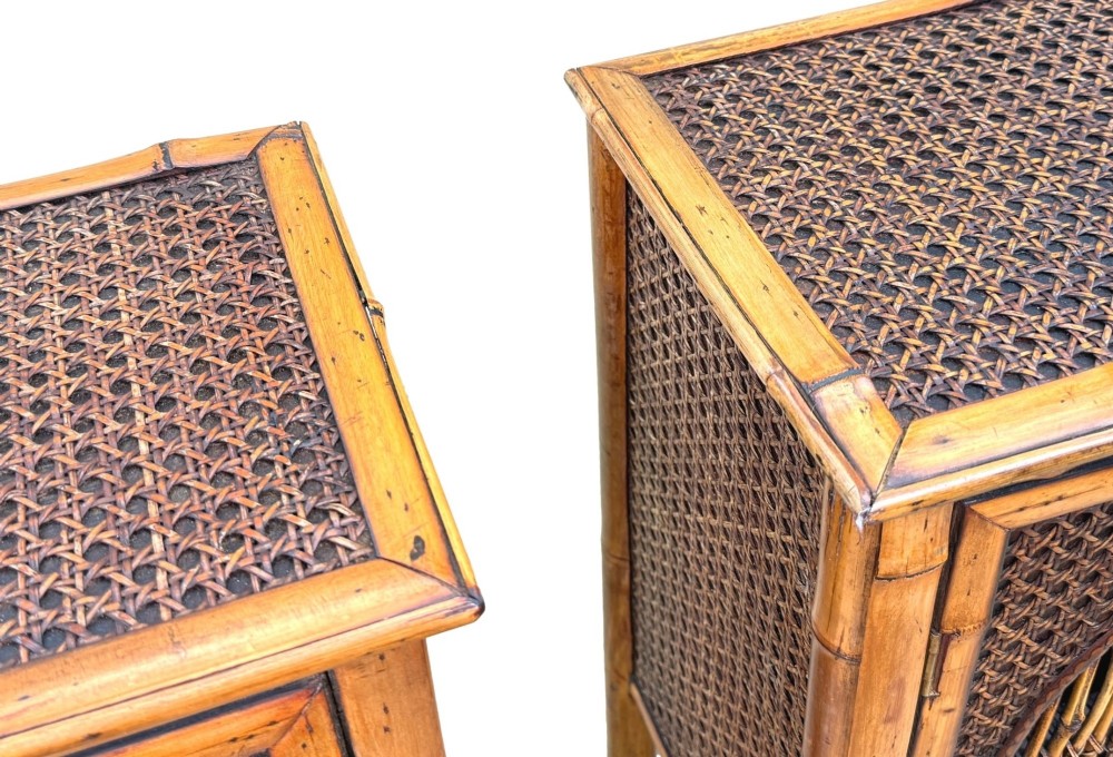 A pair of late nineteenth-century miniature bamboo tabletop cupboards featuring woven cane panels and central circular bamboo slat detail on the twin doors. View IX