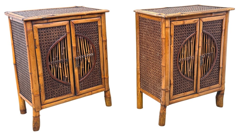 A pair of late nineteenth-century miniature bamboo tabletop cupboards featuring woven cane panels and central circular bamboo slat detail on the twin doors. View X