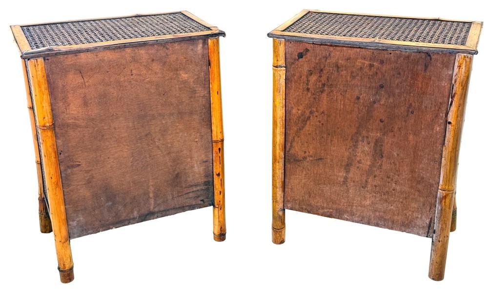 A pair of late nineteenth-century miniature bamboo tabletop cupboards featuring woven cane panels and central circular bamboo slat detail on the twin doors. View XI