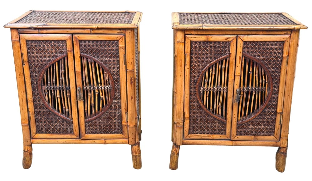 A pair of late nineteenth-century miniature bamboo tabletop cupboards featuring woven cane panels and central circular bamboo slat detail on the twin doors. View XII