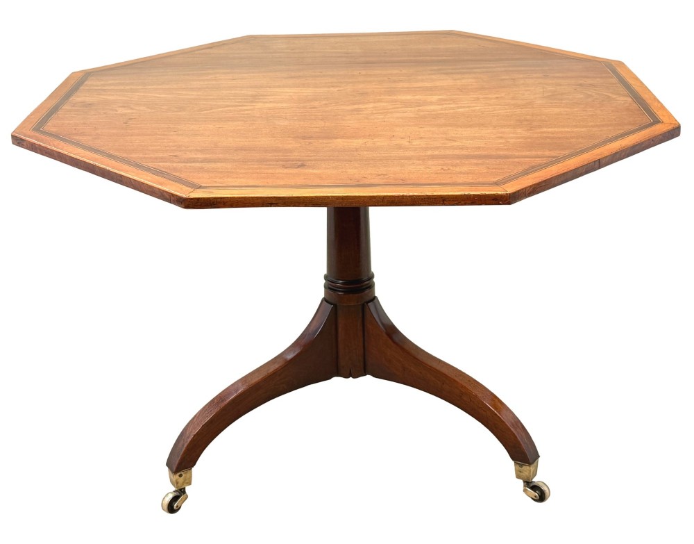 An 18th-century Georgian mahogany octagonal centre table with inlaid crossbanding, a central pedestal column, and tripod legs on brass castors. View XII