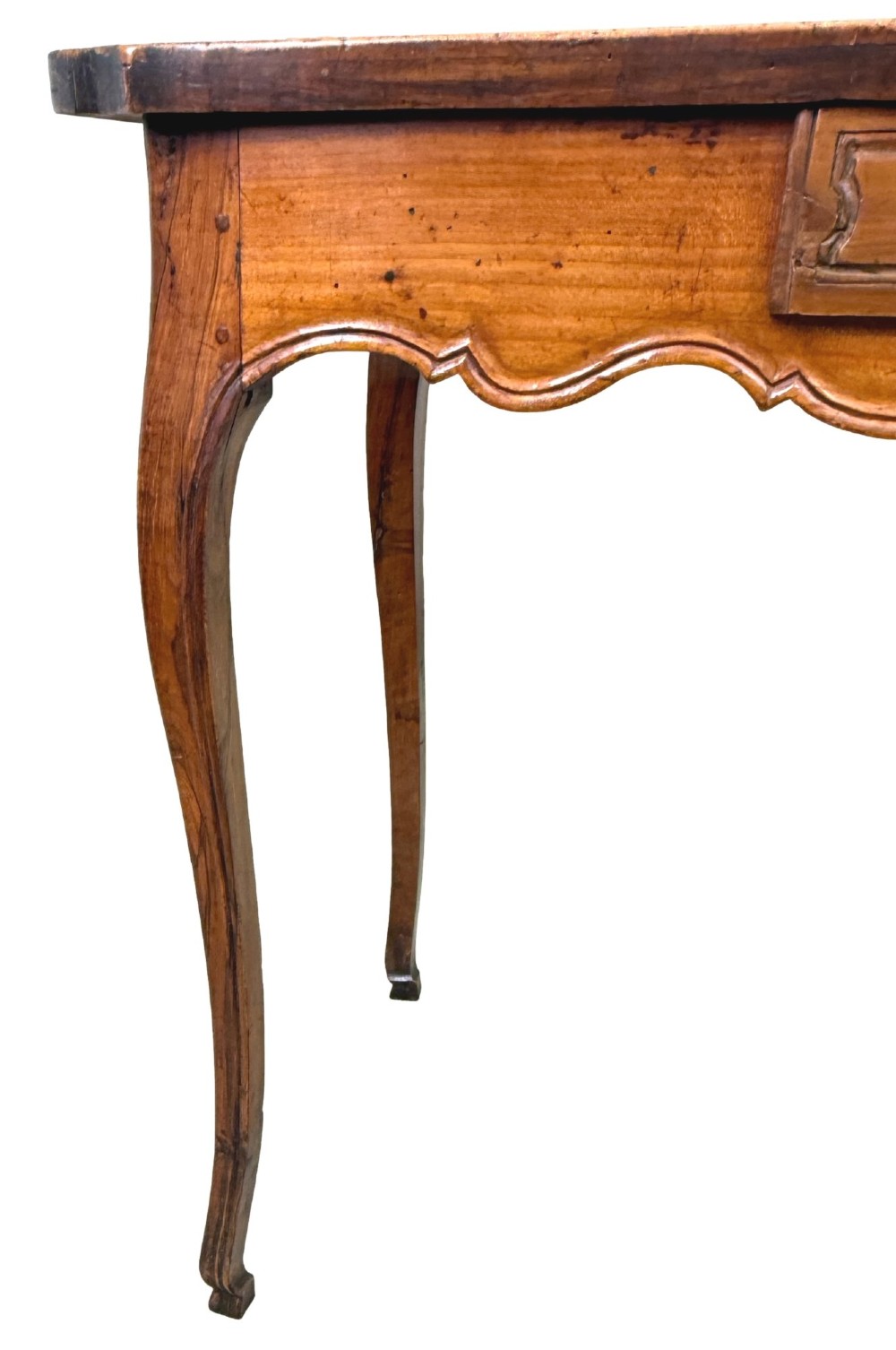 A late 18th-century French Provincial cherry wood side table featuring cabriole legs, a scalloped apron, and a single drawer with a brass escutcheon. View V