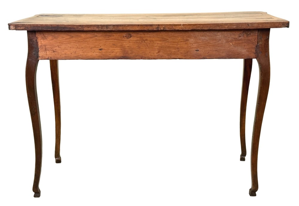 A late 18th-century French Provincial cherry wood side table featuring cabriole legs, a scalloped apron, and a single drawer with a brass escutcheon. View XI