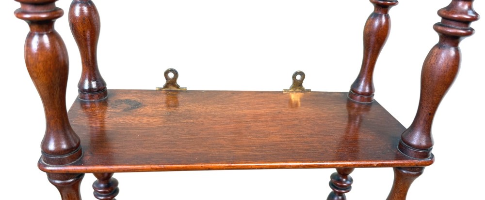 A pair of tall mid-19th-century mahogany wall-hanging shelves featuring five open tiers supported by turned spindles. View III