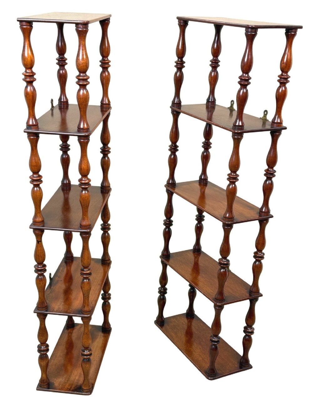 A pair of tall mid-19th-century mahogany wall-hanging shelves featuring five open tiers supported by turned spindles. View IV