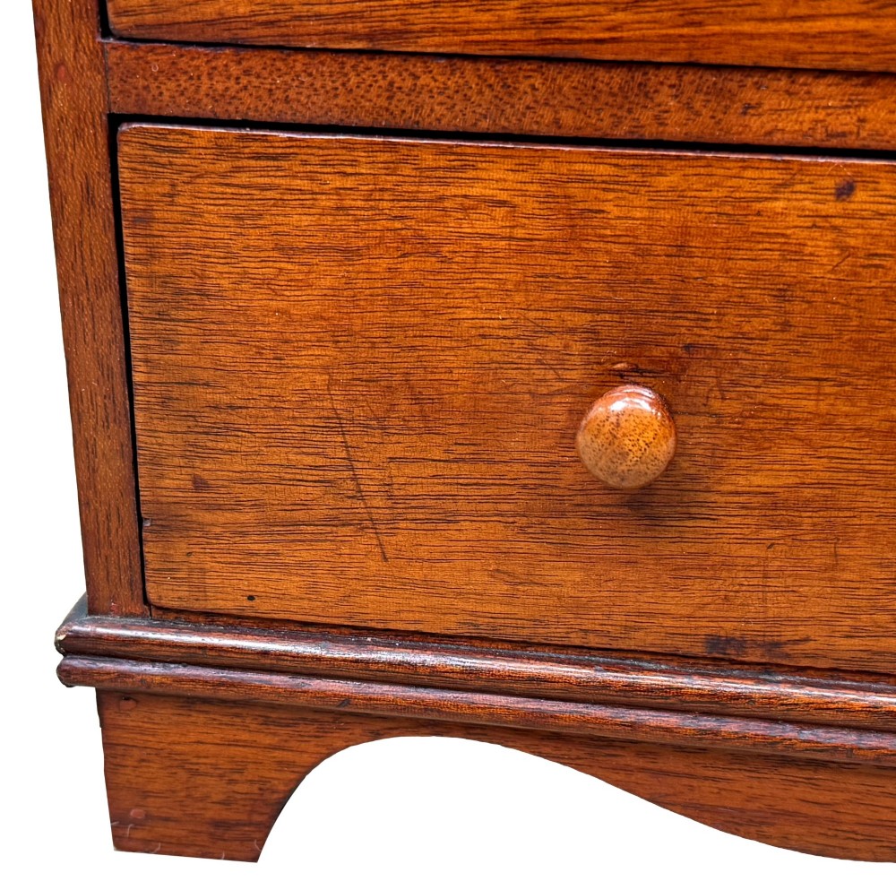 A miniature early nineteenth-century mahogany chest of drawers with two short over three long graduated drawers, turned wooden knobs, and a shaped apron base. View IV