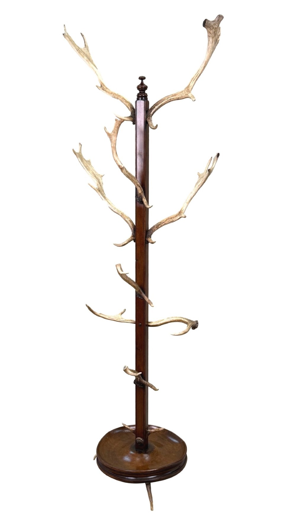 A 19th-century dark walnut hall stand featuring a central turned column mounted with stag antler hooks and a circular dish base.