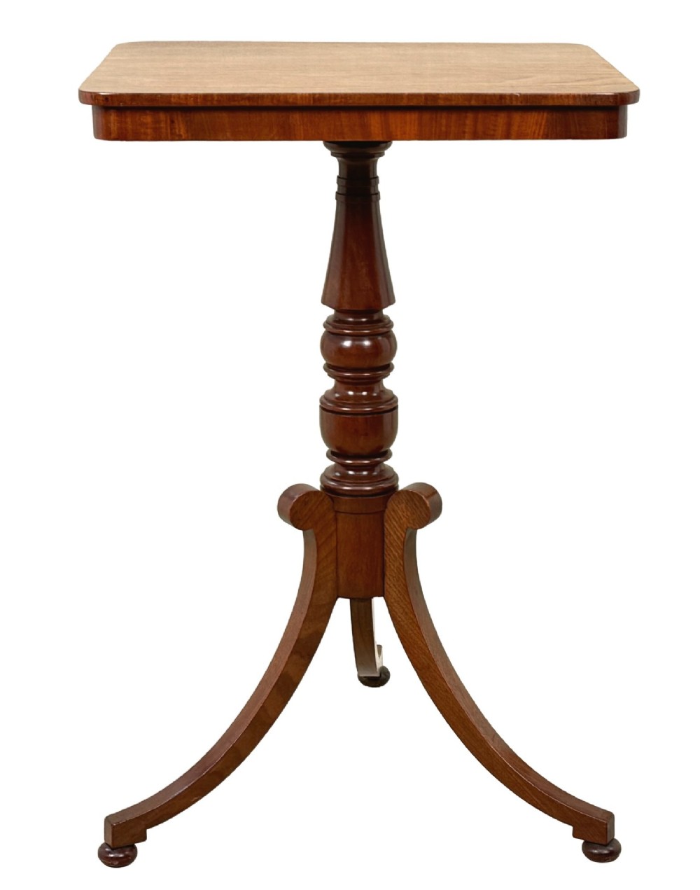 A Regency period mahogany wine table with a rectangular top, a turned central pedestal column, and three splayed legs ending in ball feet. View IV
