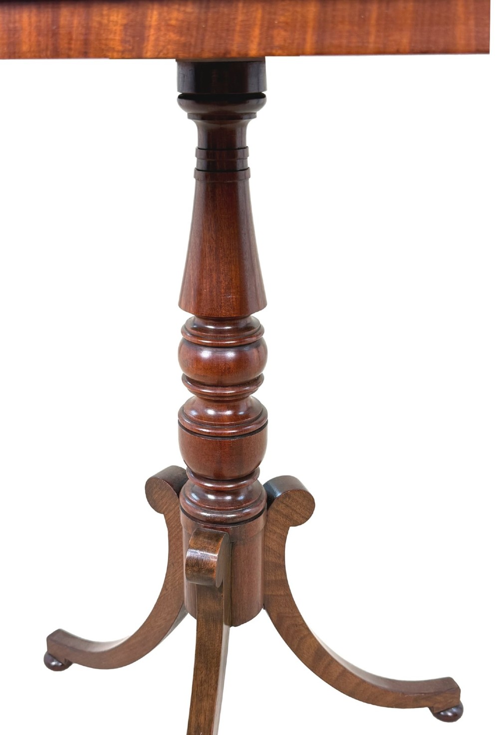 A Regency period mahogany wine table with a rectangular top, a turned central pedestal column, and three splayed legs ending in ball feet. View VIII