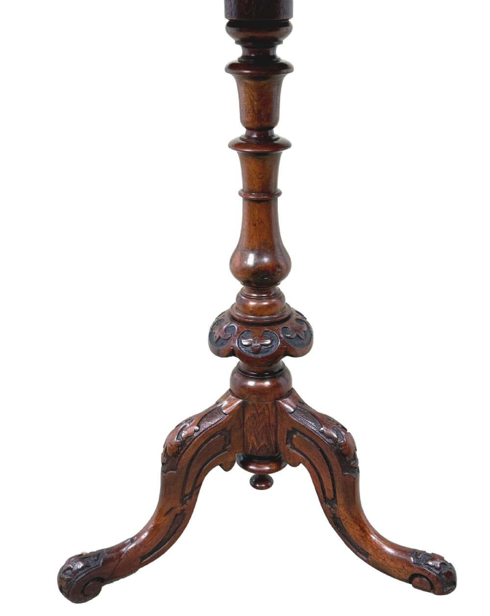 A Victorian burr walnut oval occasional table with marquetry inlay top, a turned central pedestal, and carved tripod cabriole feet. View III