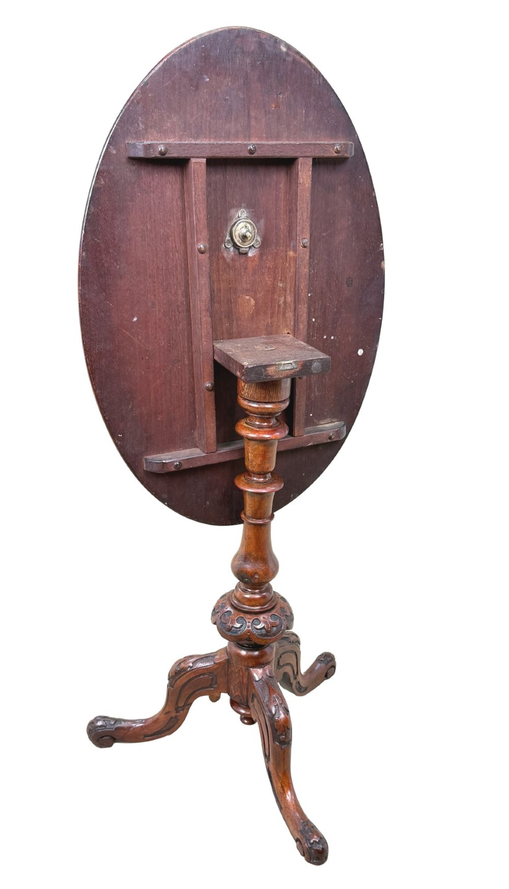 A Victorian burr walnut oval occasional table with marquetry inlay top, a turned central pedestal, and carved tripod cabriole feet. View IX