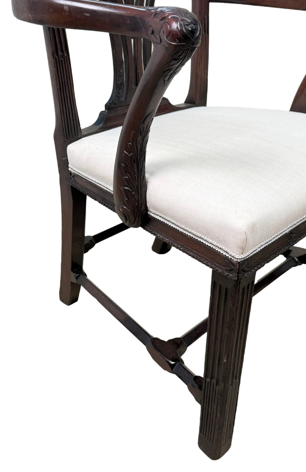 A pair of 18th-century Chippendale mahogany carver armchairs featuring intricately carved pierced back splats, curved arms, and neutral upholstered drop-in seats. View III