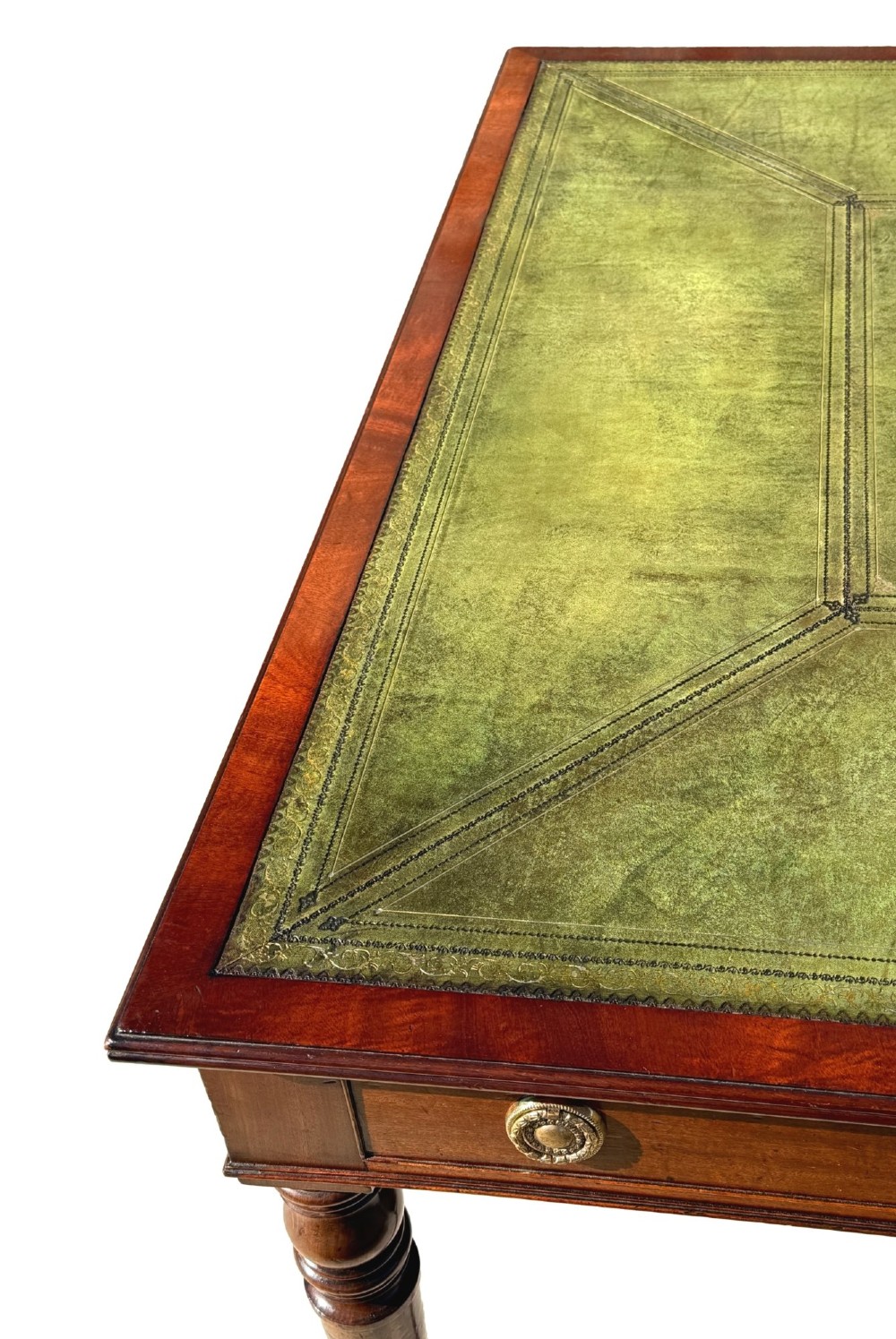 A large 19th-century Georgian mahogany partners writing table with frieze drawers, brass handles, turned legs, and a dark leather writing surface. View V