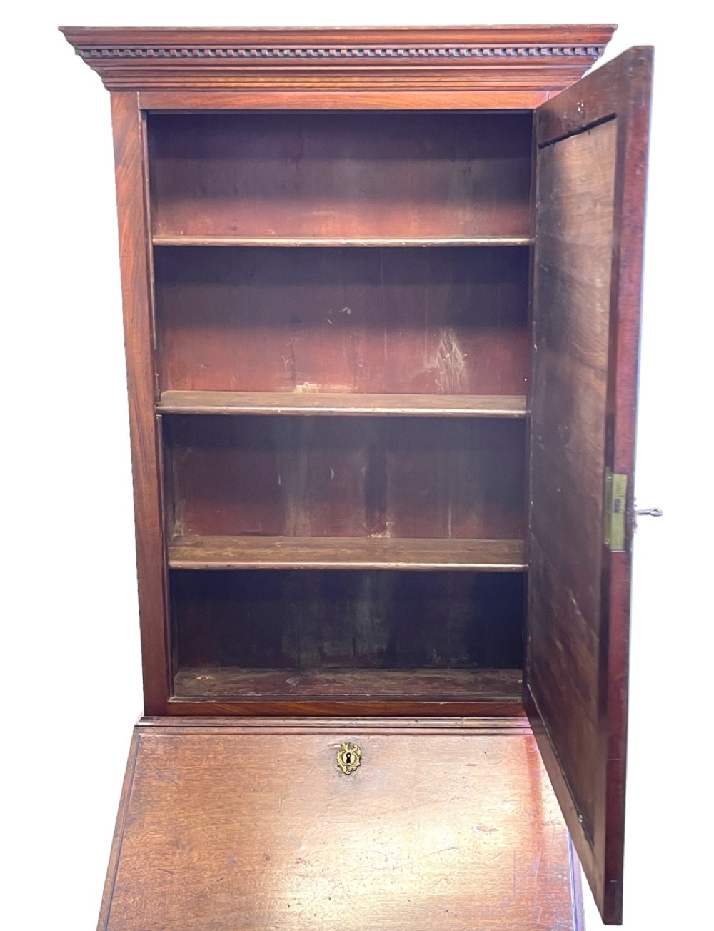 A Georgian mahogany bureau bookcase featuring an upper mirrored cabinet door above a slant-front desk and three lower drawers. View III