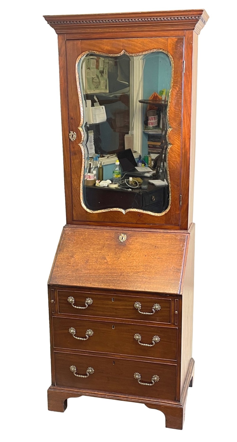 A Georgian mahogany bureau bookcase featuring an upper mirrored cabinet door above a slant-front desk and three lower drawers. View XV
