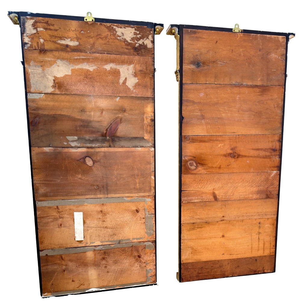 A pair of tall early 19th-century Regency pier mirrors featuring gilded pilasters, breakfront cornices, and upper painted panels depicting maritime sailing vessels. View XIII