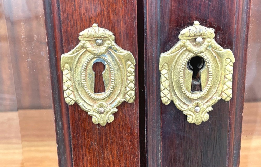 A 19th-century dark mahogany display cabinet featuring a carved crest, glazed doors, and lower support with carved lion mask legs. View VI