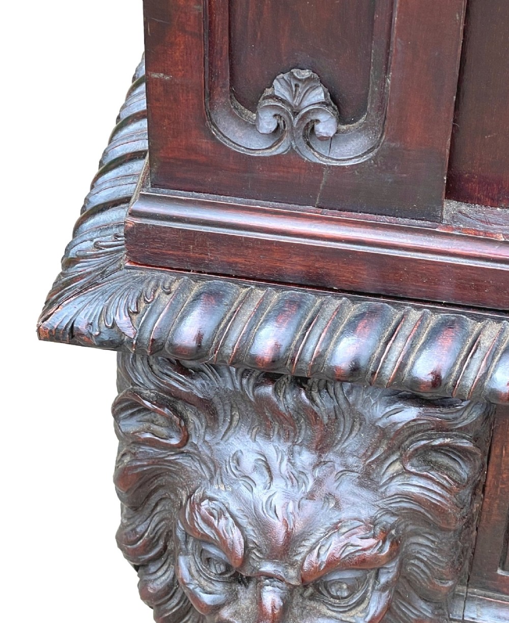 A 19th-century dark mahogany display cabinet featuring a carved crest, glazed doors, and lower support with carved lion mask legs. View VII