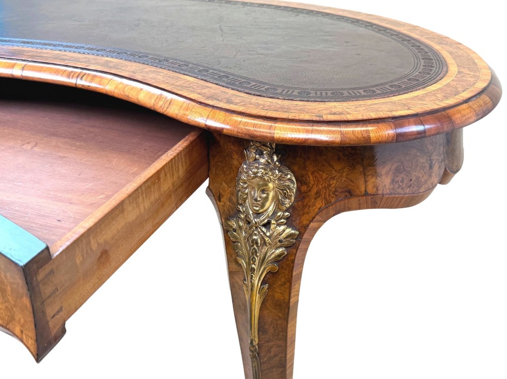 A 19th-century burr walnut kidney-shaped writing table featuring an inset leather top, gilt bronze espagnolette mounts, and cabriole legs. View XI