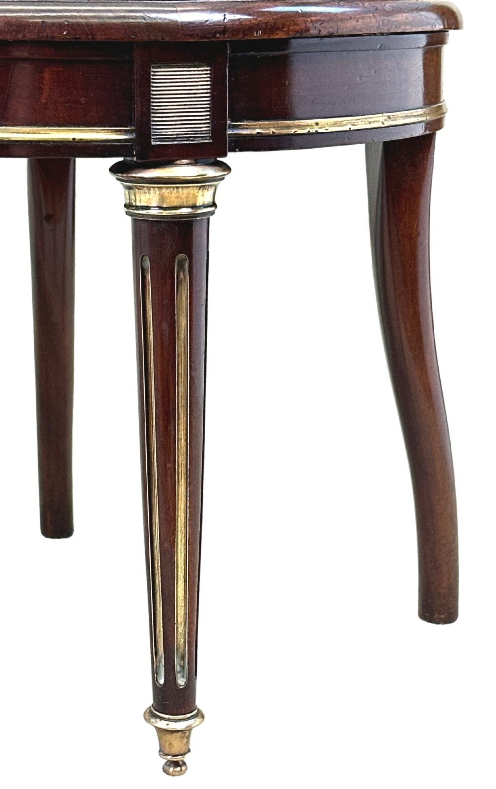 A pair of 19th-century French mahogany curved-back salon chairs with brass mounts, spindle details, woven cane seats, and turned front legs. View III