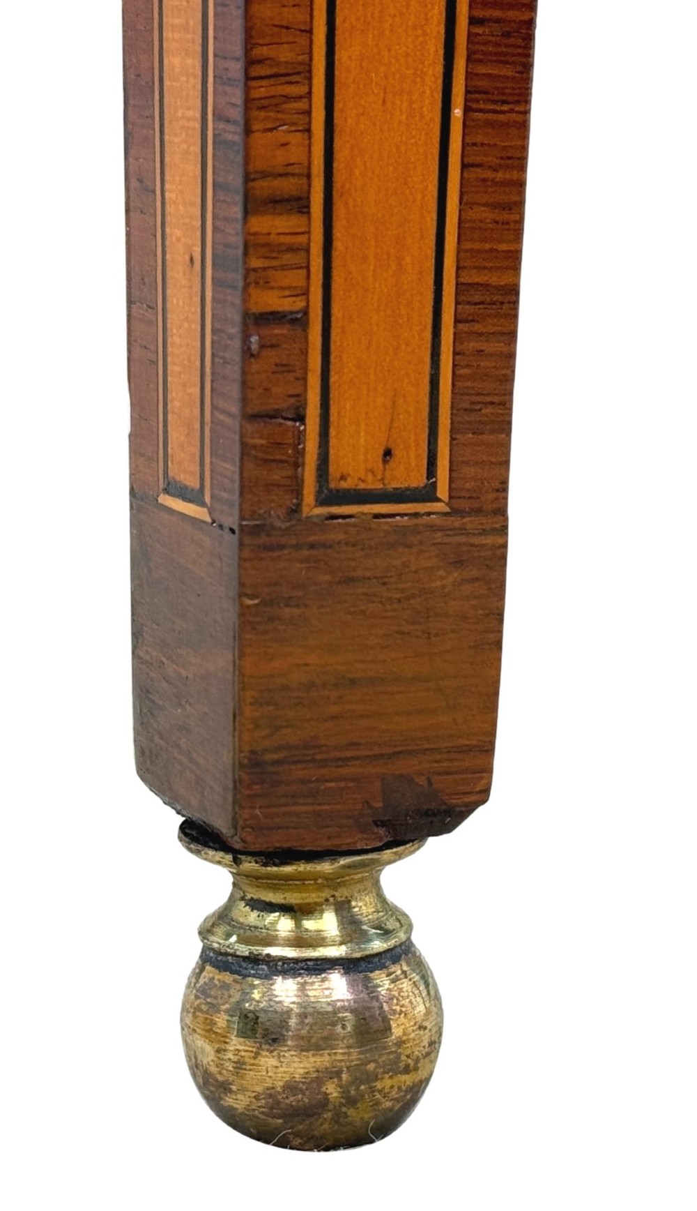 A 19th-century inlaid satinwood display cabinet featuring an arched cresting, glazed upper doors, marquetry frieze drawers, and square tapered legs. View XIII