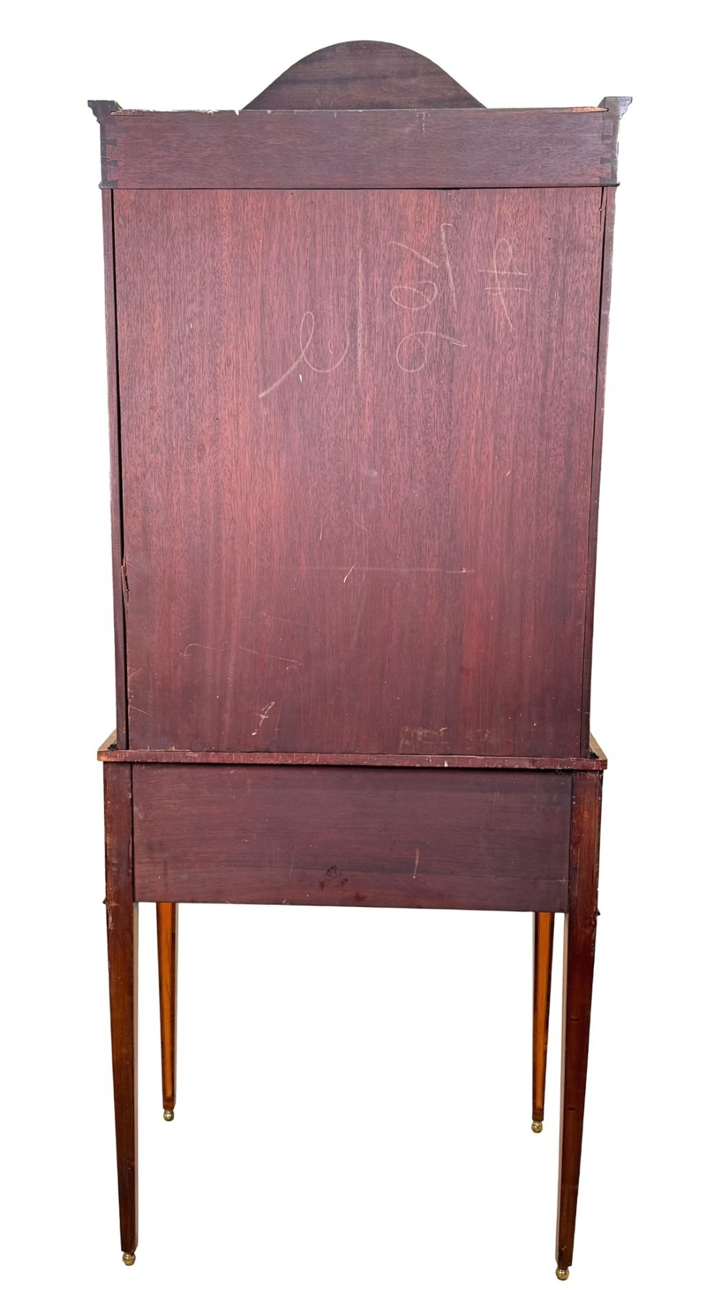 A 19th-century inlaid satinwood display cabinet featuring an arched cresting, glazed upper doors, marquetry frieze drawers, and square tapered legs. View XIV