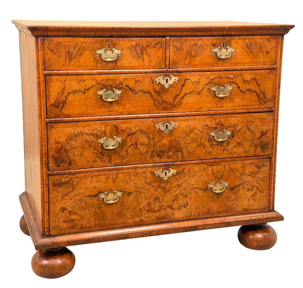 An early eighteenth-century Queen Anne walnut chest of drawers featuring two short over three long graduated drawers, brass handles, pierced escutcheons, and turned bun feet. View XI