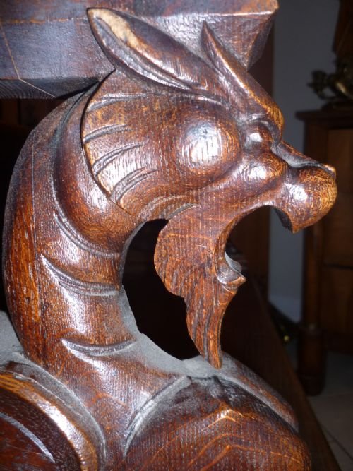 Carved Oak Victorian Griffin Settle Bench