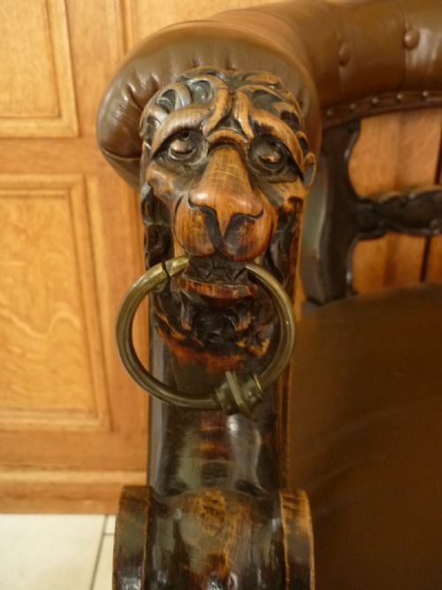 Carved Oak Victorian Leather Chair Armchair