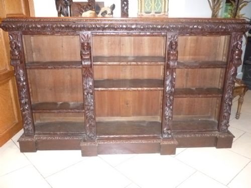 Carved Oak Victorian Large Figural Bookcase