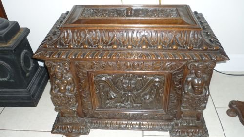 Carved Oak Figural Cellarette Wine Cellar Casket Box