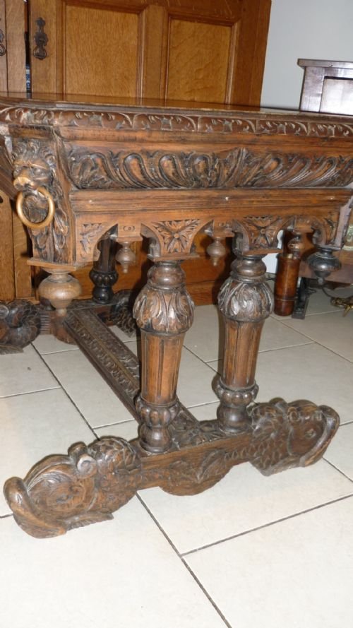 Carved Oak Victorian Lion Library Gothic Table