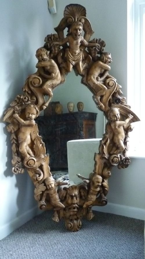 V Large 19th Century Large Italian Carved Cherub Satyr Mirror