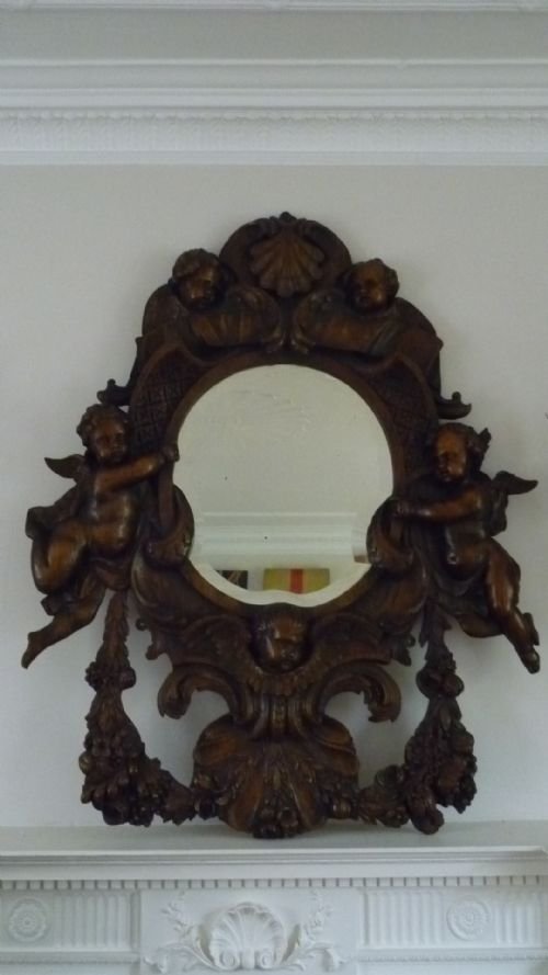19th Century Large Carved Oak Cherub Putti Mirror