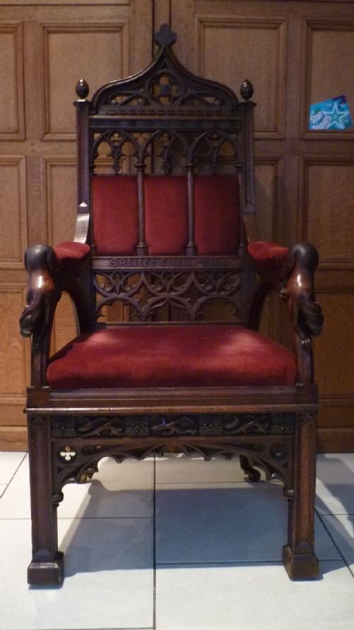 19th Century Carved Oak Church Gothic Bishops Armchair