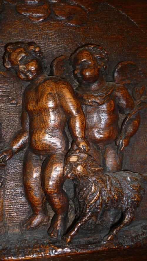 Antique 18th Century Carved Oak Winged Cherub Putti Panel