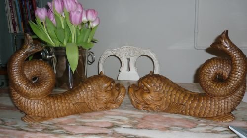 19th Century Carved Wooden Renaissance Dolphins Dragon