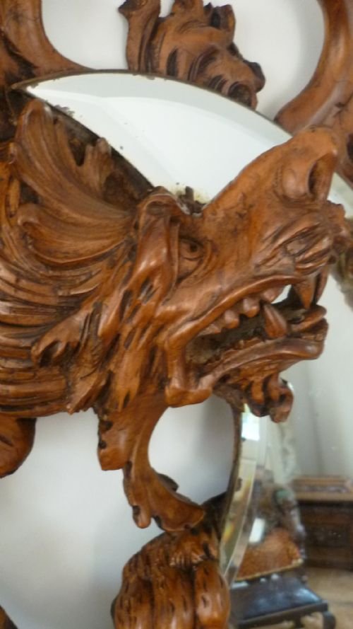 Large Antique Black Forest Winged Dragon Mirror