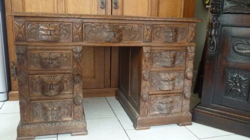 19th Century Carved Oak Pedestal Desk Green Man