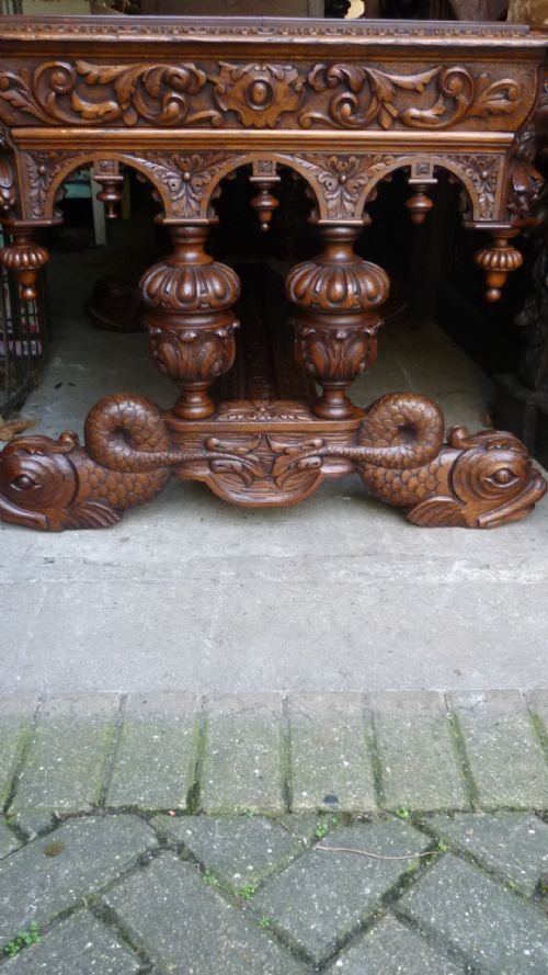 Large 19th Century Carved Oak Desk Table Lion Head